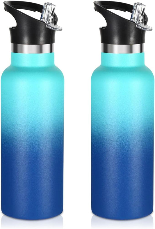 Volhoply 17oz Insulated Water Bottle Bulk 2 Pack,Stainless Steel Kids Water Bottles with Straw Lid,Reusable Metal Water Flask,Double Wall Vacuum Sports School Cups Keep Hot & Cold (Green Blue,2 Set)
