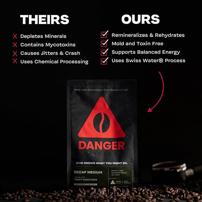 Danger Coffee by Dave Asprey, Remineralized, Mold Free & Lab Tested Swiss Water Decaf Ground Coffee, Medium Roast, Decaffeinated 10.9 Ounce