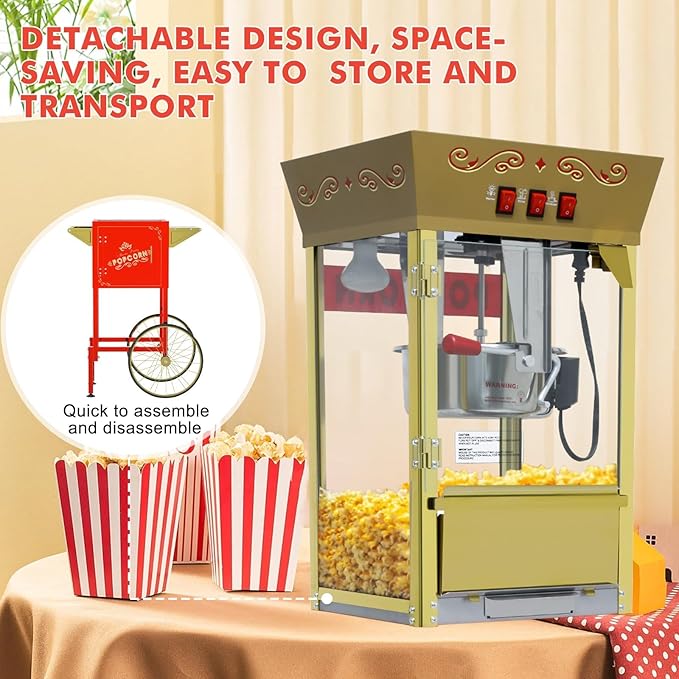 Popcorn Machine with Cart, Wheels & 12 Oz Kettle, Popcorn Maker Machine Vintage Style Movie Theater Popcorn Machine for Parties, Events, Commercial, and Home Theater