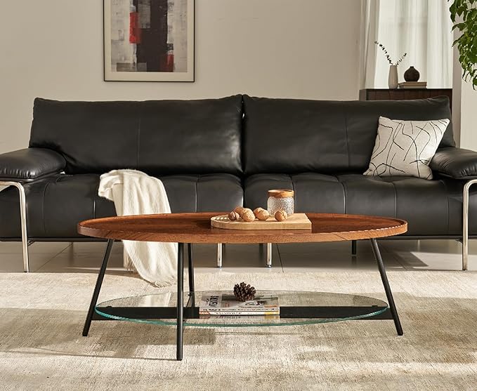 Shrine Glass Coffee Table, Black Walnut Table for Living Room, Glass and Wood Table, 43.3" D x 21.6" W x 15.7" H, Clear Glass Base, Walnut Wood Top&Black Metal Frame