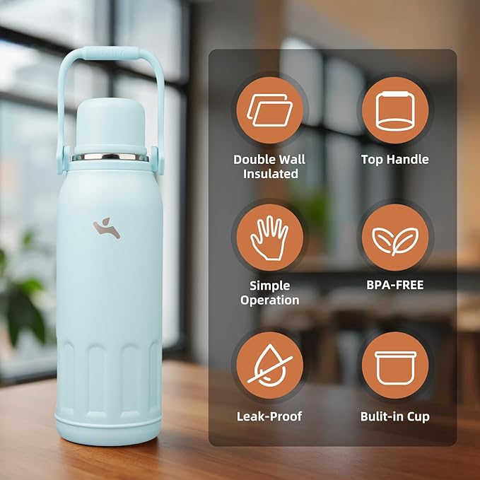 Insulated Water Bottle with Handle and Strap,Vacuum Travel Tumbler with Cup Lid,Thermo Coffee Cup for Hot Cold Drinks 50 OZ,Cyan Blue