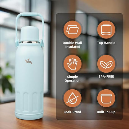 Insulated Water Bottle with Handle and Strap,Vacuum Travel Tumbler with Cup Lid,Thermo Coffee Cup for Hot Cold Drinks 50 OZ,Cyan Blue