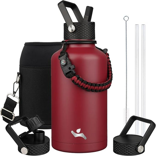 Half Gallon Insulated Water Bottle with Straw,64 oz 3 Lids Water Jug with Carrying Bag,Paracord Handle,Double Wall Vacuum Stainless Steel Metal Flask,Dark Red