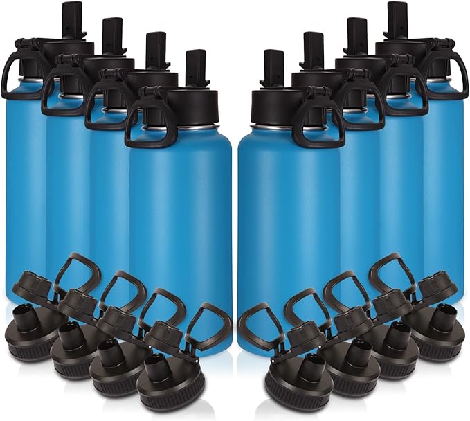 Volhoply 32oz Insulated Water Bottles Bulk 8 Pack with Straw Lid & Spout Lid,Stainless Steel Sports Water Bottle,Double Wall Vacuum Cups,Leakproof Wide Mouth Metal Flask for Hiking,Camping(Blue,8)