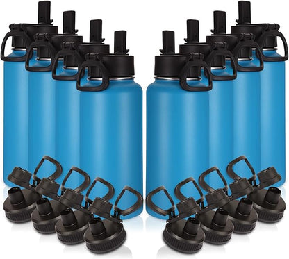 Volhoply 32oz Insulated Water Bottles Bulk 8 Pack with Straw Lid & Spout Lid,Stainless Steel Sports Water Bottle,Double Wall Vacuum Cups,Leakproof Wide Mouth Metal Flask for Hiking,Camping(Blue,8)