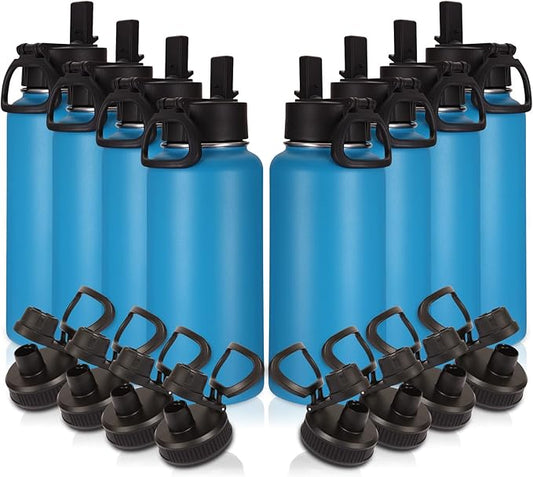 Volhoply 32oz Insulated Water Bottles Bulk 8 Pack with Straw Lid & Spout Lid,Stainless Steel Sports Water Bottle,Double Wall Vacuum Cups,Leakproof Wide Mouth Metal Flask for Hiking,Camping(Blue,8)
