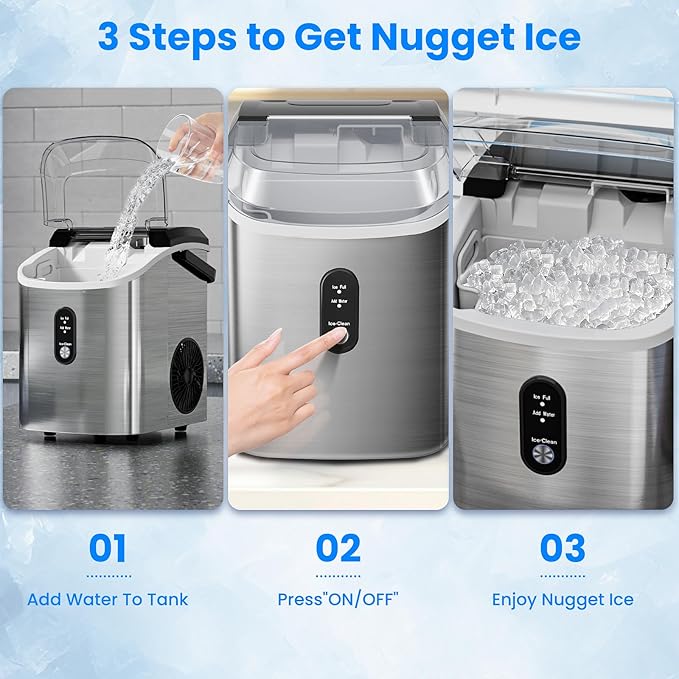Antarctic Star Nugget Ice Makers Countertop, Portable Ice Maker Machine with Self-Cleaning, 35lbs/24H, Crushed Ice Machine with Handle & Scoop for Home, Kitchen, Office and Camping(Stainless Steel)