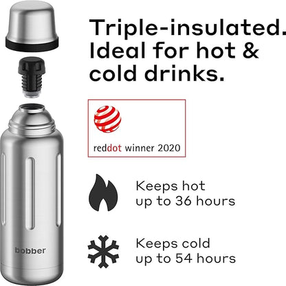 BOBBER 26 oz Stainless Steel Travel Thermos for Hot Drinks – Dishwasher Safe Metal Water Bottle with Cup Lid for Men, Hiking, Travel – Keeps Hot for 36 Hours – BPA-Free, Vacuum Insulated (Matte)