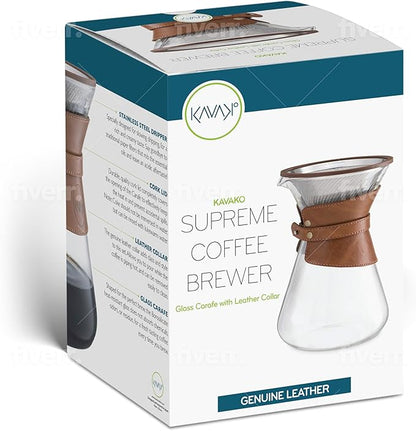 Pour Over Coffee Maker Set with Double-Layer Stainless Steel Filter, Coffee Dripper, Cork Lid and Leather Collar Holder - High Heat Resistance Borosilicate Glass Carafe, Great Gift Idea (37 oz)