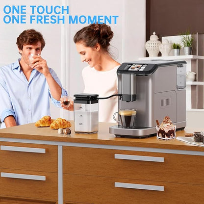 Full Automatic Espresso Machine with Touchscreen, 20-Bar Espresso Machine with Grinder & Milk Frother, 1.5l Removable Water Tank ＆ 15 Grind Settings, for Cappuccino, Latte & Espresso
