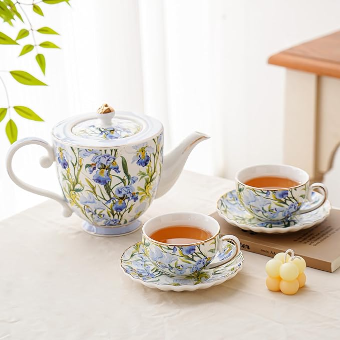 Flower Ceramic Teapot，28.7oz Blue Flower Teapot for Tea Party, Women's Gathering, Family Gathering (Blue)