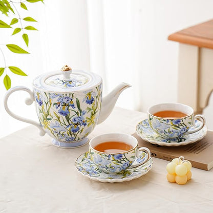 Flower Ceramic Teapot，28.7oz Blue Flower Teapot for Tea Party, Women's Gathering, Family Gathering (Blue)