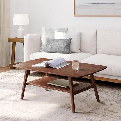 2-Tier Solid Oak Wood Coffee Table - Practical Center Table with Double Storage for Small Apartments, Living Rooms, Bedrooms, and Offices (Walnut, 31.49" D x 19.68" W x 17.32" H)