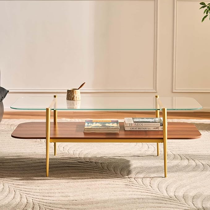 AGV LIGHTING Tadio Large Glass Coffee Table, Mid-Century Modern Coffee Table for Living Room, Gold Finish Leg, Clear Glass Top & Walnut Brown Shelf, 47 in Rrounded Corners