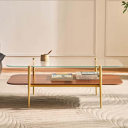 AGV LIGHTING Tadio Large Glass Coffee Table, Mid-Century Modern Coffee Table for Living Room, Gold Finish Leg, Clear Glass Top & Walnut Brown Shelf, 47 in Rrounded Corners