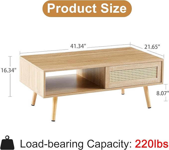 Mid Century Modern Coffee Table with Storage, 41.3 Inch Rectangle Wooden Accent Center Tables with Sliding PE Rattan Woven Door Panel and Solid Wood Legs, Suitable for Living Room, Apartment