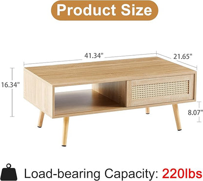 Mid Century Modern Coffee Table with Storage, 41.3 Inch Rectangle Wooden Accent Center Tables with Sliding PE Rattan Woven Door Panel and Solid Wood Legs, Suitable for Living Room, Apartment