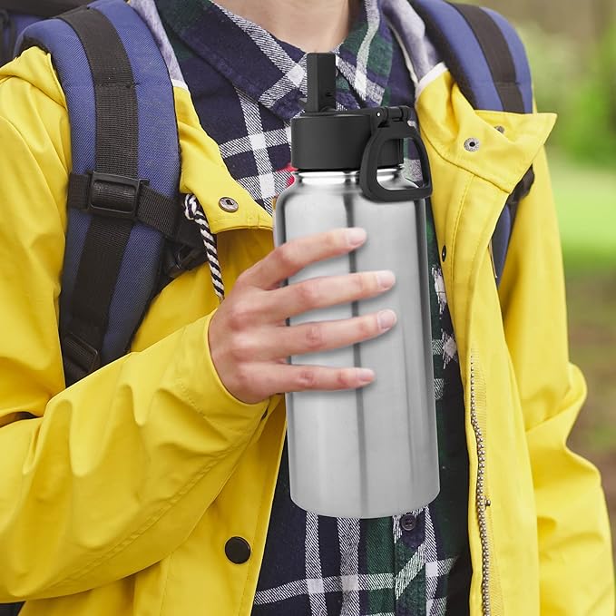 Volhoply 32 oz Insulated Water Bottles Bulk 8 Pack with Straw Lid & Spout Lid,Stainless Steel Sports Water Bottle,Double Wall Vacuum Cups,Leakproof Wide Mouth Metal Flask for Travel(Silver,8)