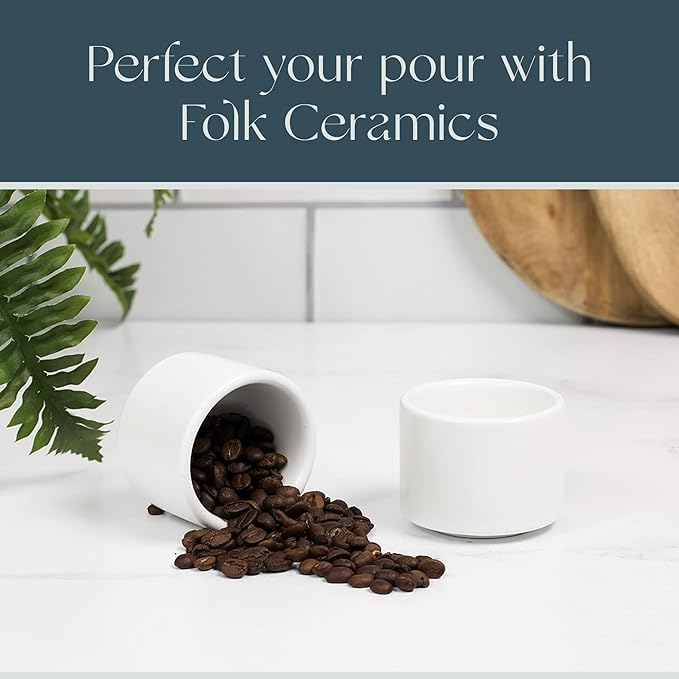 Folk Ceramics Leonard Ceramic Espresso Cups | Modern Stackable Demitasse Mugs for Espresso | Thick Walled, Handleless, Durable, Dishwasher & Microwave Safe | Set of 2, 3oz | Whisper White