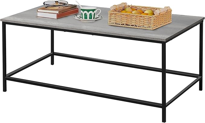 SENIG Modern Coffee Table, Industrial Style Rectangular Table, Grey Wood and Sturdy Metal Side End Table, Rustic Accent Functional Coffee Table for Living Room. 39.3 x 20 x 16