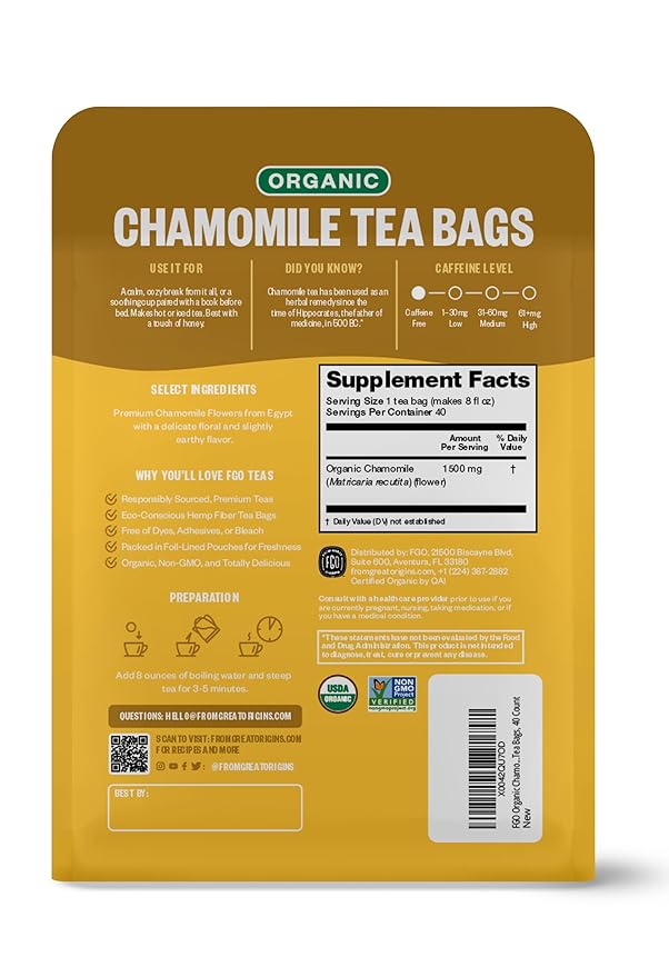 FGO Organic Chamomile Tea, 40 Count, Eco-Conscious Tea Bags, Resealable Bag (Pack of 1)