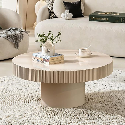 Handmade Wooden Drum Coffee Table、Elegant Round Fluted Wood Coffee Tables、Rustic Modern Circular Centerpiece for Living Room & Farmhouse Decor (A White 30.7in)