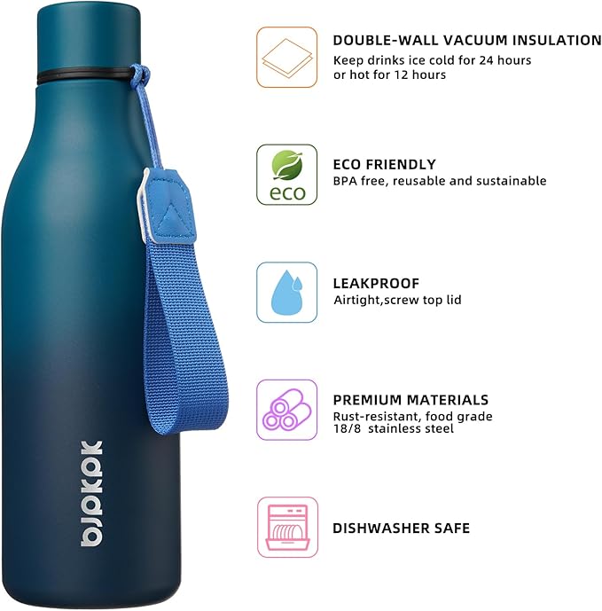 BJPKPK Insulated Water Bottles, 18 oz Stainless Steel Metal Water Bottle with Strap, BPA Free Leak Proof Jugs, Mugs, Flasks, Reusable Thermal Flasks for Sports & Travel, Sea