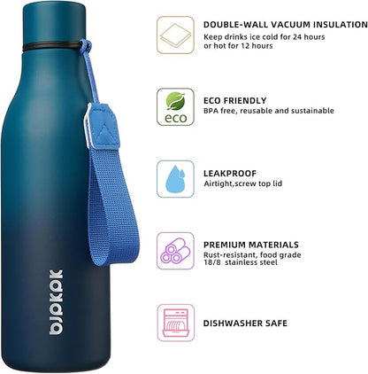 BJPKPK Insulated Water Bottles, 18 oz Stainless Steel Metal Water Bottle with Strap, BPA Free Leak Proof Jugs, Mugs, Flasks, Reusable Thermal Flasks for Sports & Travel, Sea