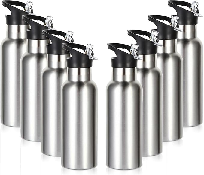 Volhoply 17oz Insulated Water Bottle Bulk 8 Pack,Stainless Steel Kids Water Bottles with Straw Lid,Reusable Metal Water Bottle,Double Wall Vacuum Sports School Flask Keep Cold (Silver,8 Set)