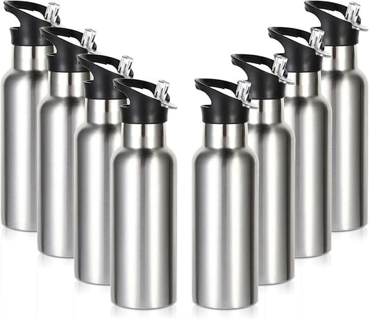 Volhoply 17oz Insulated Water Bottle Bulk 8 Pack,Stainless Steel Kids Water Bottles with Straw Lid,Reusable Metal Water Bottle,Double Wall Vacuum Sports School Flask Keep Cold (Silver,8 Set)