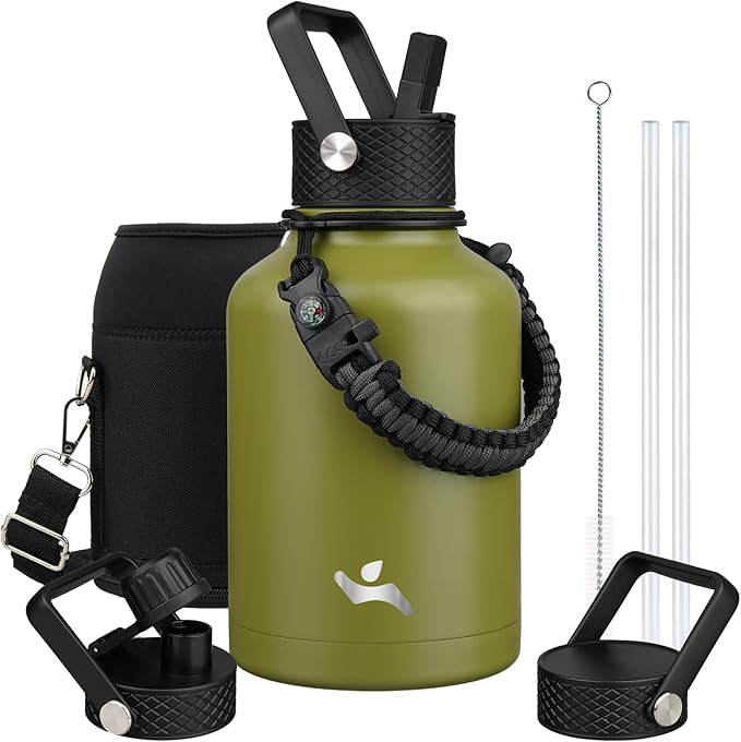 Insulated Water Bottle with Straw,50 oz 3 Lids Water Jug with Carrying Bag,Paracord Handle,Double Wall Vacuum Stainless Steel Metal Flask,Forest Green