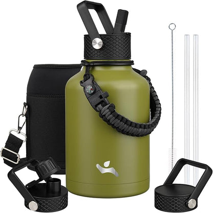 Insulated Water Bottle with Straw,50 oz 3 Lids Water Jug with Carrying Bag,Paracord Handle,Double Wall Vacuum Stainless Steel Metal Flask,Forest Green