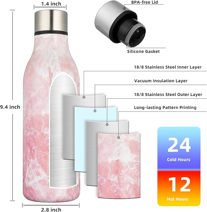 BJPKPK Insulated Water Bottles, 18 oz Stainless Steel Metal Water Bottle with Strap, BPA Free Leak Proof Jugs, Mugs, Flasks, Reusable Thermal Flasks for Sports& Travel, Blossom