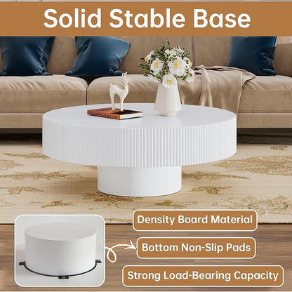 Round Coffee Table 30.7" Modern White Fluted Coffee Table Low Round Drum Pedestal Coffee Tables for Living Room Farmhouse (White 30.7in)