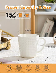Ceramic Coffee Mugs 15 oz, Large Waffle Embossed Mug Set, Coffee Cups for Latte, Cappuccino, Cocoa, Tea, Mocha, Milk, Housewarming Wedding Present,Microwave & Dishwasher Safe - Set of 4 (White)