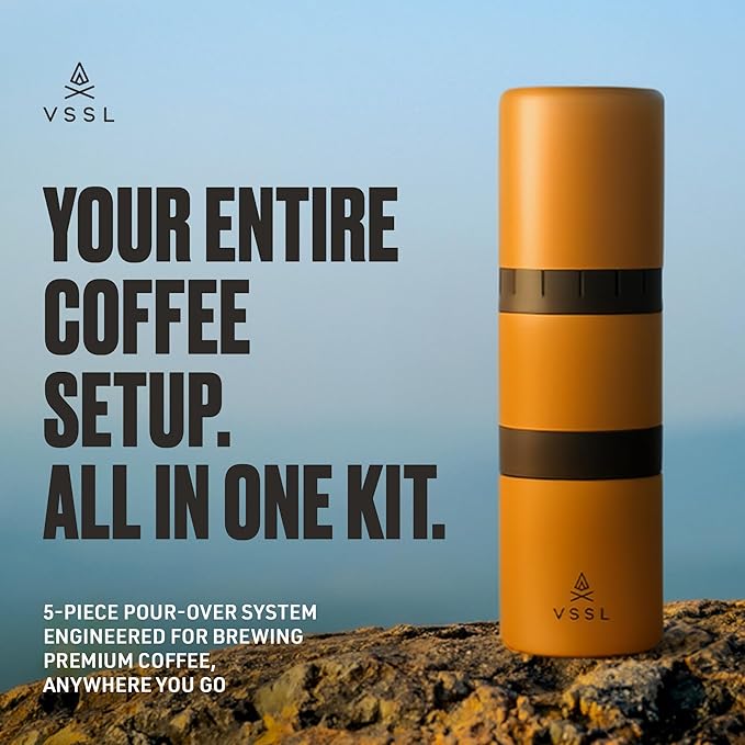 Nest Pour Over Coffee Kit | Coffee Maker for Camping | All-In-One Travel Pour Over | Transportable Dripper, Two 10oz Stainless Steel Travel Mugs | Compact Storage & Adventure Ready | Sahara