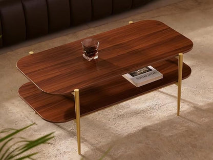 Shrine Rectangle Coffee Table, Mid-Century Modern Design, Two-Tier Walnut MDF Rounded Corner Table, 41" D x 21" W x 17" H, Sleek Conical Metal Legs with Gold Finish