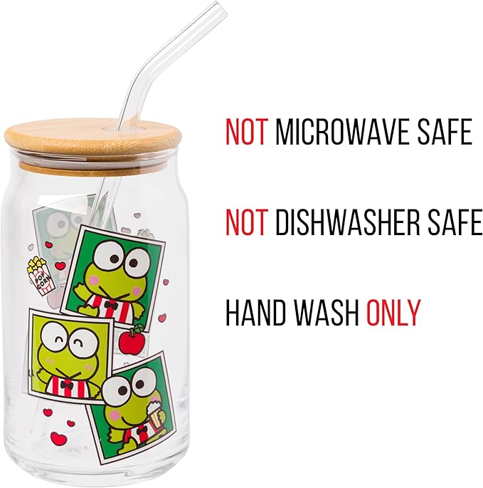 Silver Buffalo Sanrio Hello Kitty and Friends Keroppi Polaroids Glass Jar Tumbler with Bamboo Lid and Glass Straw, 16 Ounces