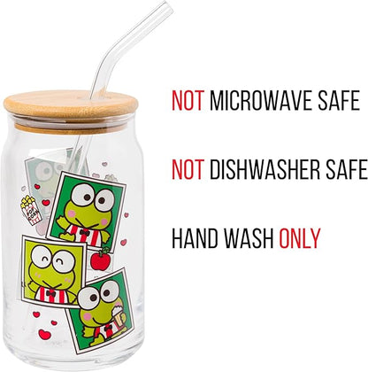 Silver Buffalo Sanrio Hello Kitty and Friends Keroppi Polaroids Glass Jar Tumbler with Bamboo Lid and Glass Straw, 16 Ounces