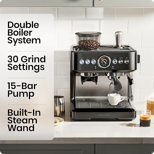 Chefman Crema Deluxe Espresso Machine with Double Boiler, Use Milk Frother and Brew Espresso Simultaneously, Professional Coffee Maker with Coffee Grinder and Steam Wand, 30 Grind Settings