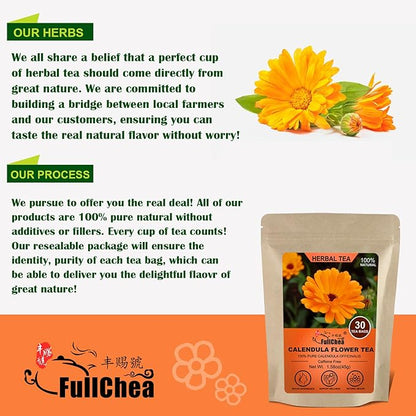FullChea - Dried Calendula Flowers Tea, 30 Teabags, 1.5g/bag - Premium Calendula Tea For Skin Health & Support Wellness - Non-GMO - Caffeine-free - Natural Calendula Herbs