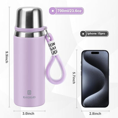 Stainless Steel thermo Bottles with cup 700ml/23.7oz Vacuum Insulated Bottle for hot and cold coffee drink water thermo flask with cup.(Purple,700ml)