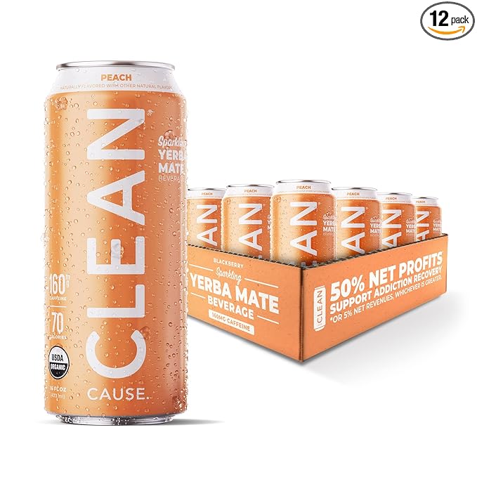CLEAN Cause Low Calorie Peach USDA Organic Sparkling Yerba Mate Tea (16oz cans, 12-Pack Case) Low Sugar, 160mg Caffeine, Healthy Alternative to Soda & Energy Drinks.
