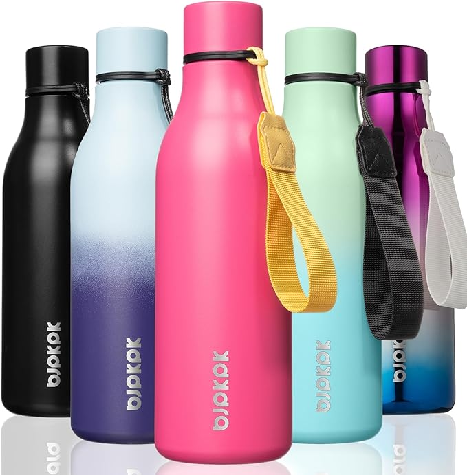 BJPKPK Insulated Water Bottles, 18 oz Stainless Steel Metal Water Bottle with Strap, BPA Free Leak Proof Jugs, Mugs, Flasks, Reusable Thermal Flasks for Sports & Travel, Pink