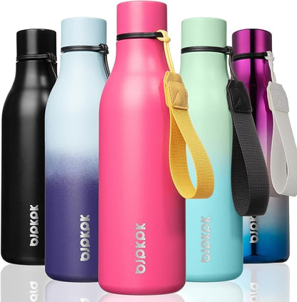 BJPKPK Insulated Water Bottles, 18 oz Stainless Steel Metal Water Bottle with Strap, BPA Free Leak Proof Jugs, Mugs, Flasks, Reusable Thermal Flasks for Sports & Travel, Pink