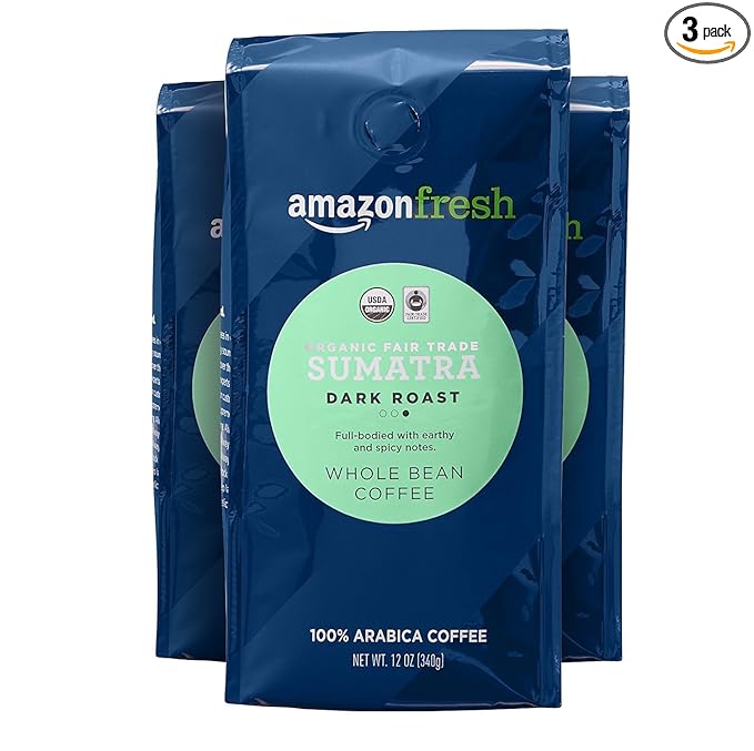 Amazon Fresh Organic Fair Trade Sumatra Whole Bean Coffee, Dark Roast, 12 Ounce (Pack of 3)