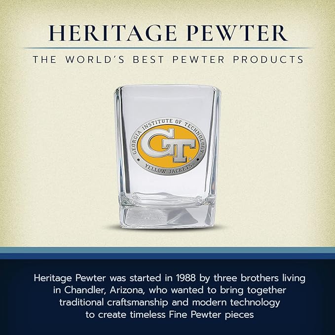 Heritage Pewter GT Square Shot Glass | Hand-Sculpted 1.5 Ounce Shot Glass | Intricately Crafted Metal Pewter Alma Mater Inlay