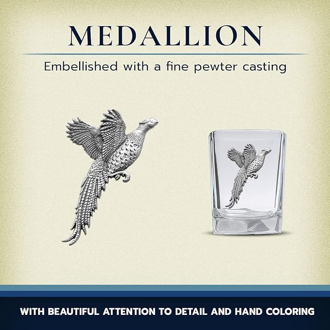 Heritage Pewter Pheasant Square Shot Glass | Hand-Sculpted 1.5 Ounce Shot Glass | Intricately Crafted Metal Pewter Inlay