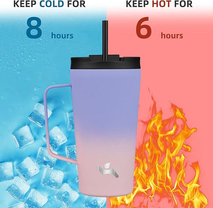 Insulated Tumbler with Handle and Straw, 18 OZ Travel Coffee Mug Stainless Steel Cup Metal Water Bottle,Pastel Sunset