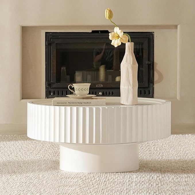 Round Coffee Table, Modern Living Room Tables with Mushroom Shape and Grooved Design, Circle Accent Pinewood Center Table for Living Room, Apartment (White, 31.8''L×14.9''H)